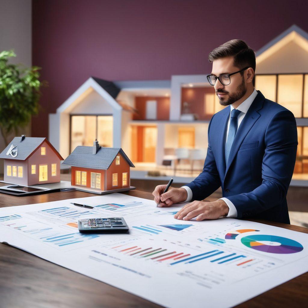 A knowledgeable professional explaining mortgage options to a diverse group of engaged investors, surrounded by charts and graphs depicting real estate trends and property valuations. Incorporate symbols of smart investing like a calculator, documents, and a house model. Warm and inviting atmosphere with a soft focus background. graphic illustration. vibrant colors. modern style.