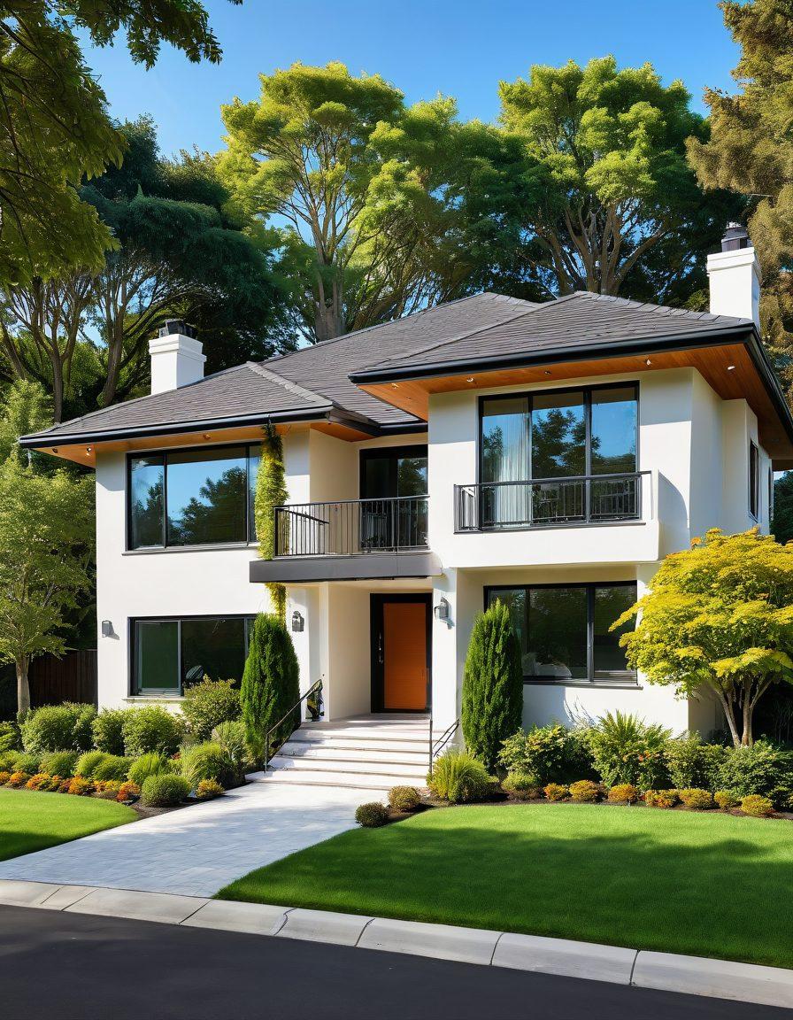 An elegant home nestled among lush greenery, featuring a 'For Sale' sign in the front yard, while a happy family explores the house. The background displays a scenic neighborhood with trees and a blue sky. Include a digital search bar overlay showing keywords like 'Perfect Home' and 'Sell with Success'. warm tones. super-realistic. vibrant colors.