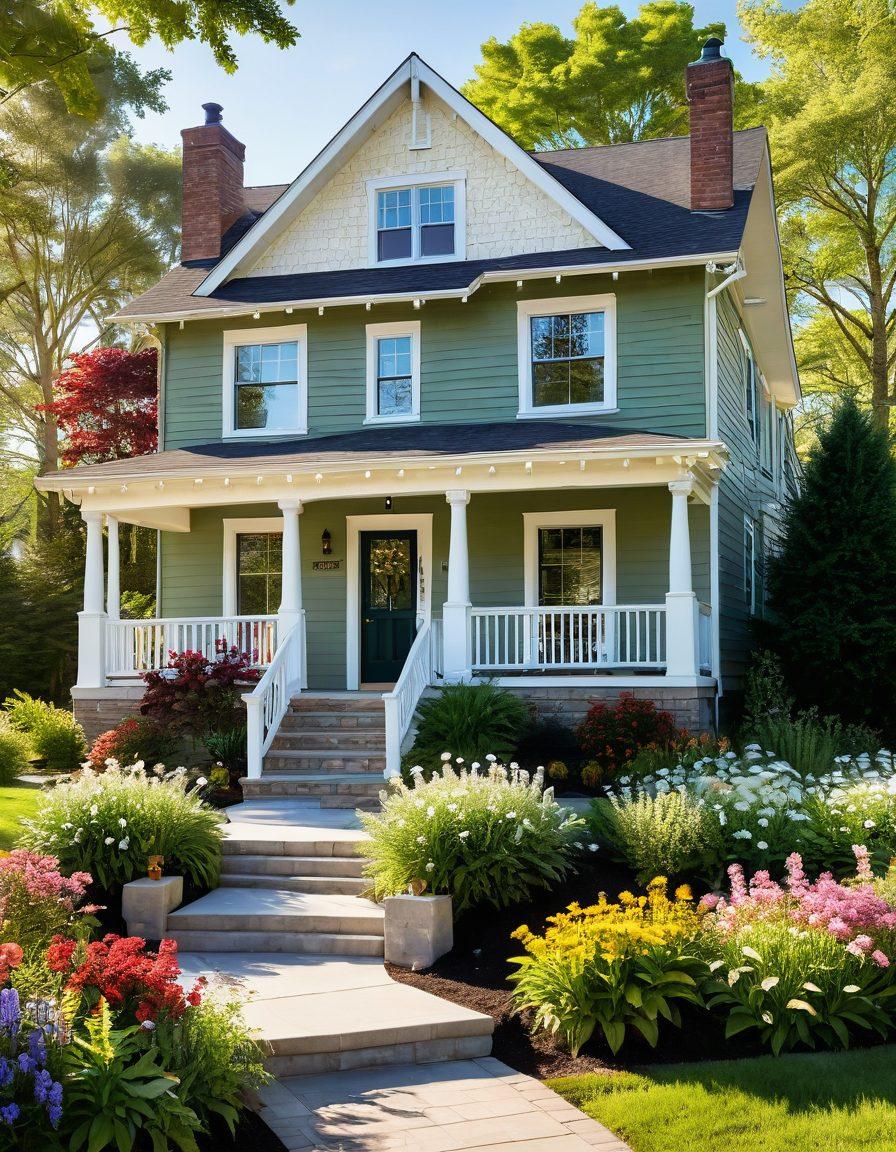 A cozy and inviting dream home with a welcoming front porch surrounded by blooming flowers. The image features a diverse family joyfully exploring options while holding blueprints and a 'For Sale' sign. Include warm sunlight filtering through trees to create a hopeful atmosphere. Emphasize elements of guidance, like a map and keys, setting an optimistic tone for first-time buyers and sellers. super-realistic. vibrant colors. soft focus.